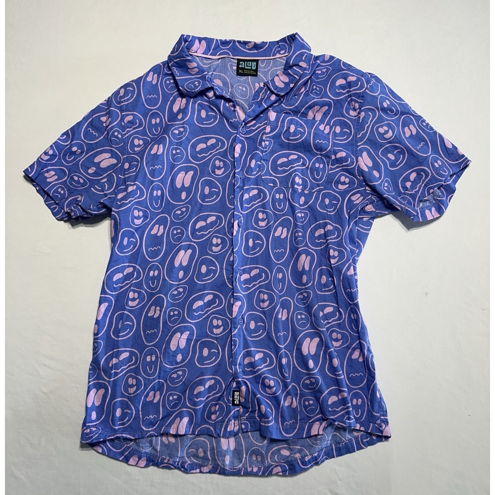 ALab Button Up Shirt XL Blue Pink Smiley Face Print Short Sleeve Casual